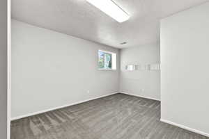 Carpeted bedroom with textured ceiling