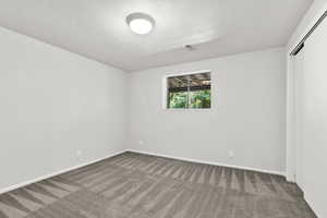 Carpeted bedroom with textured ceiling