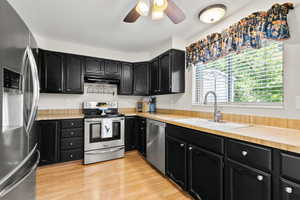 Kitchen with appliances with stainless steel finishes, dark cabinetry, ceiling fan, light wood finished floors, and light countertops