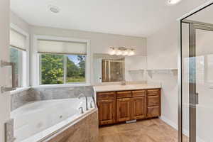 Bathroom with a shower stall, vanity, and a jetted tub