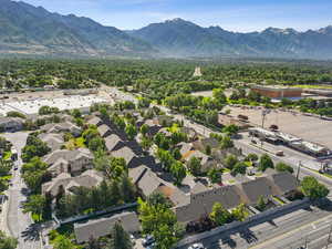 Aerial perspective of suburban area with mountains