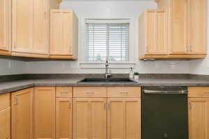 Kitchen featuring dishwasher, light brown cabinetry, and dark countertops