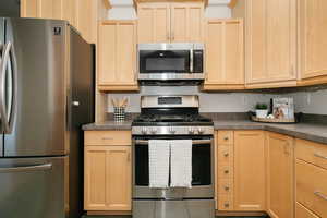 Kitchen featuring appliances with stainless steel finishes, light brown cabinets, and dark countertops
