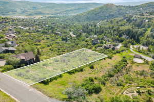 Aerial view of property and surrounding area featuring a mountainous background and property boundaries highlighted