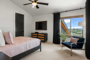 Bedroom featuring vaulted ceiling, carpet, recessed lighting, and ceiling fan
