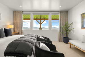 Carpeted bedroom with multiple windows and recessed lighting