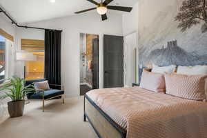 Carpeted bedroom with lofted ceiling, recessed lighting, and a ceiling fan