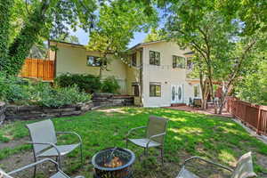 Back of property featuring a fire pit, french doors, a fenced backyard, and a patio area