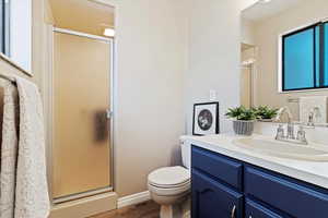 Bathroom with a stall shower, vanity, and wood finished floors