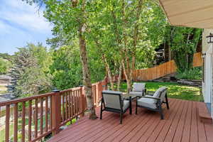 Wooden deck featuring a fenced backyard and outdoor lounge area