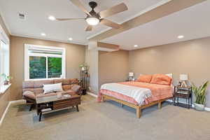 Bedroom with crown molding, light carpet, recessed lighting, and ceiling fan