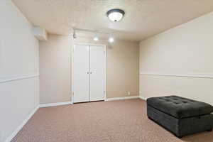 Unfurnished room with carpet floors, rail lighting, and a textured ceiling