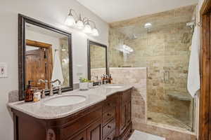 Full bathroom featuring a stall shower and double vanity