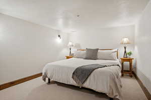 Bedroom with carpet and a textured ceiling