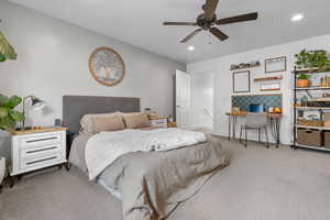Bedroom featuring carpet, a desk, recessed lighting, and ceiling fan
