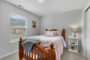 Bedroom with carpet flooring, multiple windows, and a closet
