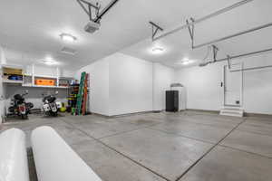 Garage featuring a garage door opener and freestanding refrigerator