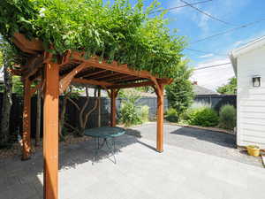Fenced backyard with a patio area