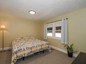 Bedroom with carpet and a textured ceiling