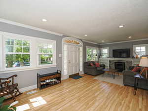 Living room featuring crown molding, a premium fireplace, light wood finished floors, and recessed lighting