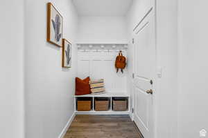 Mudroom with dark wood-type flooring and baseboards