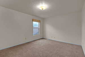 Unfurnished room featuring a textured ceiling and light carpet
