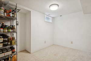 Basement with carpet flooring