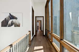 Hall with dark wood-style flooring