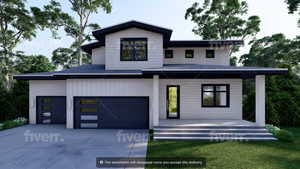 Contemporary home featuring concrete driveway, an attached garage, and covered porch