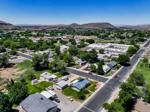Aerial perspective of suburban area with mountains