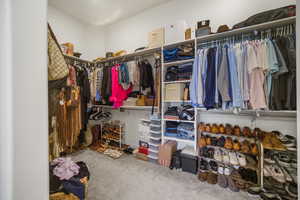 Walk in closet with carpet floors
