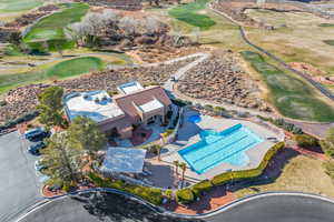 Aerial view of a local golf course and a pool area