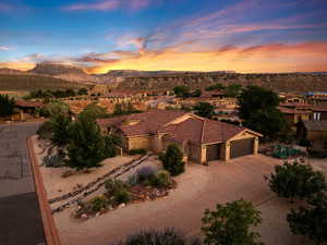 Aerial view of residential area featuring mountains