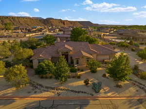 Aerial view of residential area featuring mountains