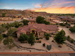 Aerial view at dusk of a residential view and a mountain view