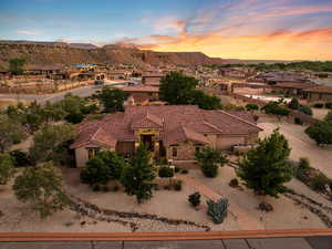 Aerial view of residential area with mountains