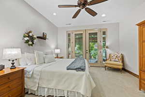 Bedroom with french doors, access to exterior, light colored carpet, a ceiling fan, and recessed lighting