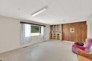 Sitting room featuring wood walls and baseboards