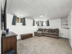 Living room with carpet flooring and baseboards