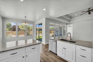 Kitchen with stainless steel dishwasher, light wood finished floors, a ceiling fan, a chandelier, and light stone counters