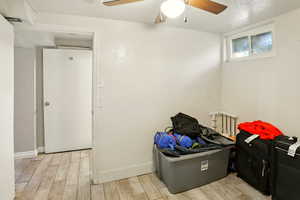 Interior space featuring a ceiling fan