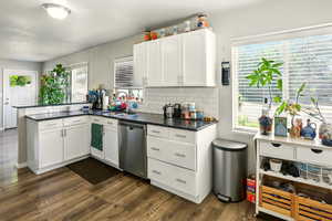 Kitchen with stainless steel dishwasher, dark wood-style floors, a peninsula, white cabinets, and tasteful backsplash