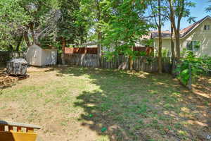 Fenced backyard with a shed