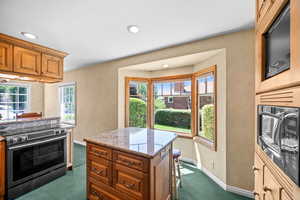 Kitchen with electric range, bay window with southern light, island with barstool seating, built in microwave and TV
