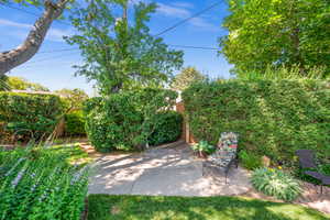 View of backyard patio and shed