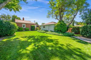 View of manicured backyard and mature trees
