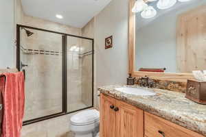 Full bathroom featuring vanity and a shower stall