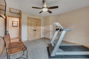 Exercise area with carpet floors and ceiling fan