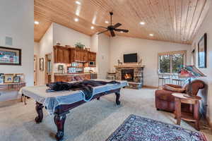 Game room with lofted ceiling, light carpet, wooden ceiling, billiards, and recessed lighting