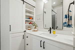 Full bath featuring vanity and a shower